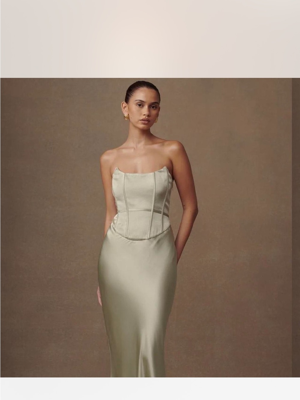 Meshki Strapless Satin Corset Gown in Olive